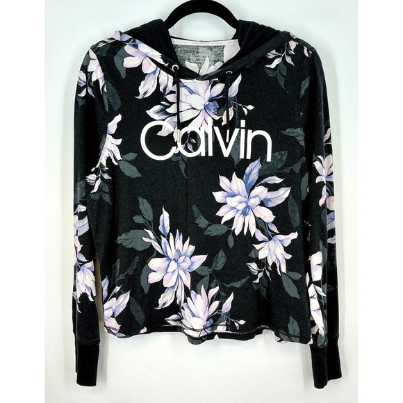 Calvin Klein Tops - Calvin Klein Floral Hooded Top Size M Black Long Sleeve Lightweight Hoodie Y2K